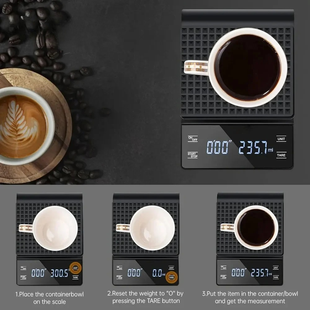 Kitchen Baking Scale - เครื่องชั่งกาแฟอัจฉริยะแบบดิจิตอลความแม่นยำสูง พร้อมหน้าจอ LCD สำหรับการวัดน้ำหนัก 3 กก./0.1