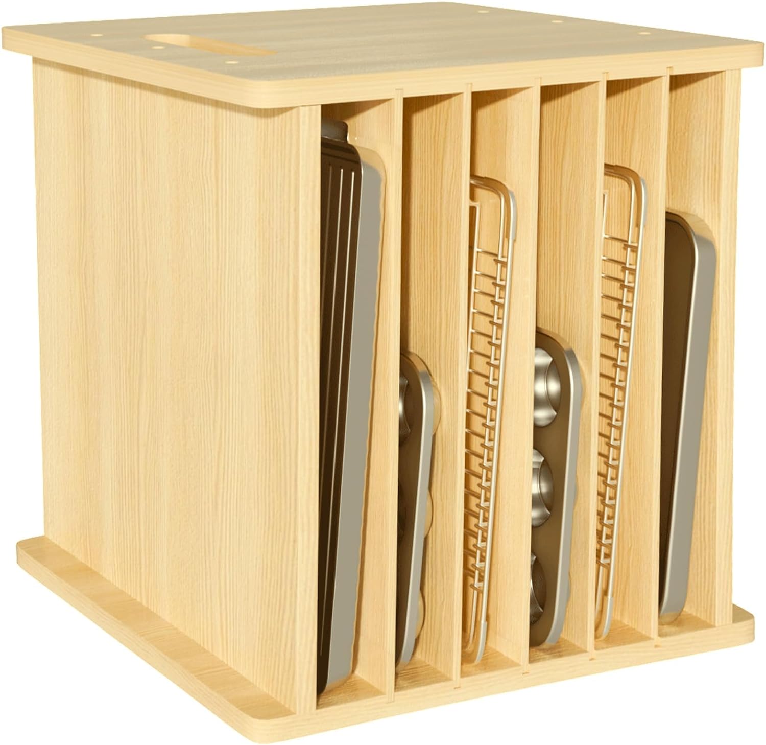 Kitchen Cabinet Baking Sheet Organizer - ถาดแบ่งช่องสำหรับอุปกรณ์อบขนมทำจากไม้, ชั้นวางคุกกี้แบบตั้งตรง, ชั้นวางหม้อและกระทะ, ถาดอบขนมอเนกประสงค์และที่จัดเก็บเอกสารสำหรับตู้ครัว