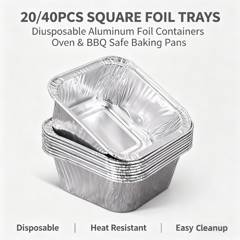 Kitchen Baking Storage Containers - ถาดฟอยล์อลูมิเนียมแบบใช้แล้วทิ้งทรงสี่เหลี่ยม 20/40 ชิ้น สำหรับเก็บอาหาร ถาดอบสำหรับเตาอบ บาร์บีคิว