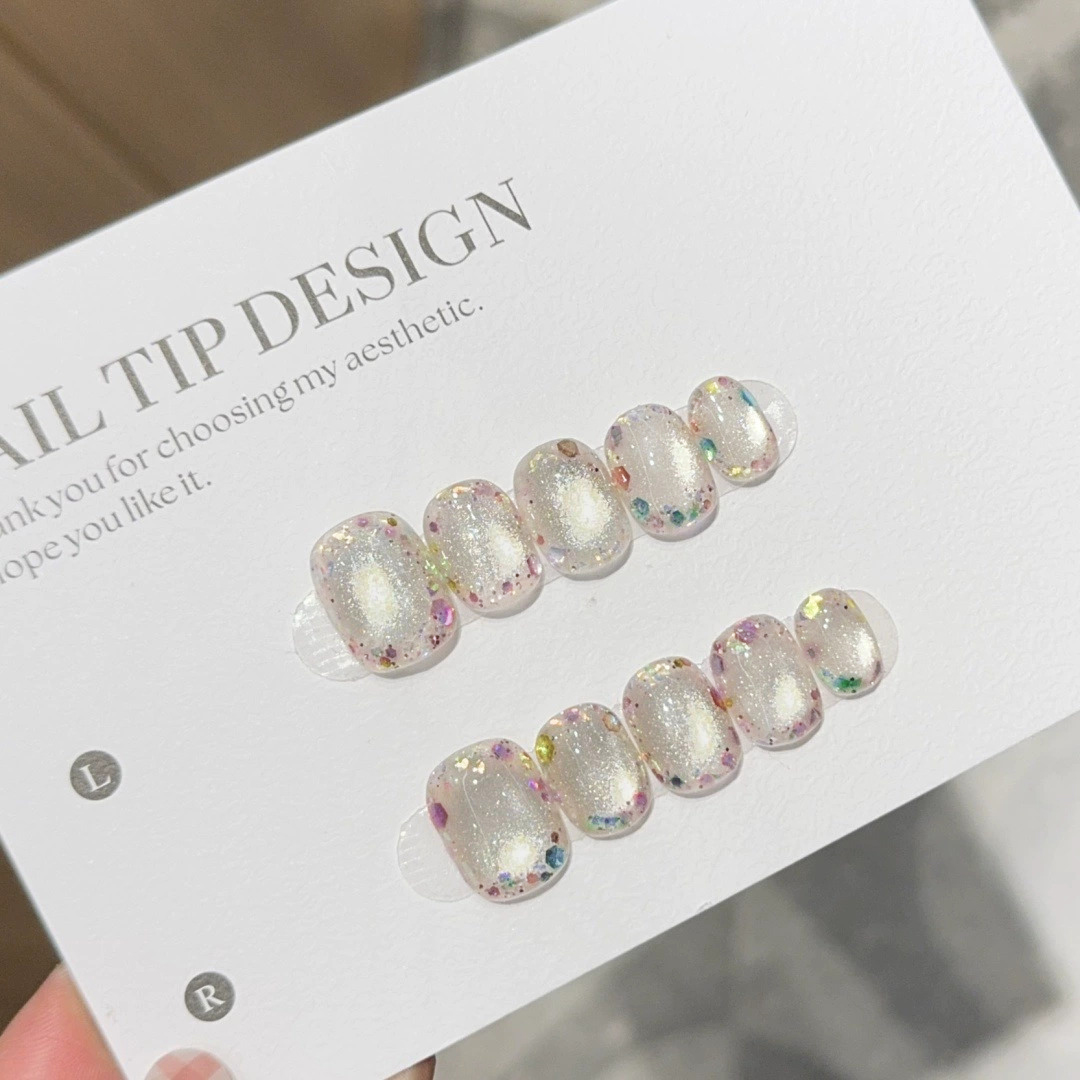 Decorating Tip Set - เล็บปลอมสีสันสดใสประดับเพชรแบบสั้น 10 ชิ้น ลายตาแมว กดติดซ้ำได้ น่ารัก