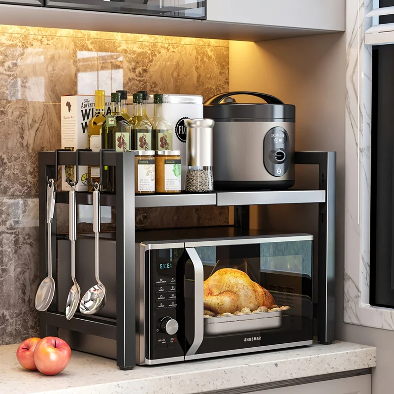 Kitchen Baking Rack - ชั้นวางไมโครเวฟแบบขยายได้, ที่วางไมโครเวฟพร้อมตะขอ 6 อัน, ชั้นวางของในครัว, ชั้นวางไมโครเวฟสำหรับอบ,