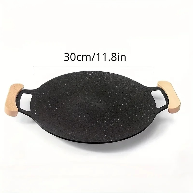 Kitchen Baking Tray Organiser - กระทะย่างทรงกลมแบบไม่ติดกระทะสไตล์เกาหลี ดีไซน์ใหม่ 1 ชิ้น พร้อมด้ามจับไม้ กระทะย่างบาร์บีคิวแบบพกพาสำหรับทำบาร์บีคิวที่บ้าน