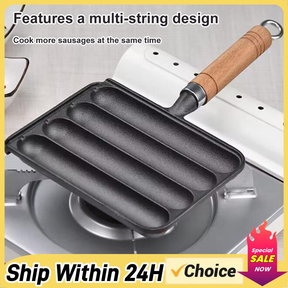 Kitchen Baking Tray Organiser - หม้อเหล็กหล่อเคลือบสารกันติด หม้อย่างไส้กรอกเคลือบสารกันติดพร้อมด้ามจับไม้ แม่พิมพ์ฮอทดอก อุปกรณ์บาร์บีคิว หม้อย่าง